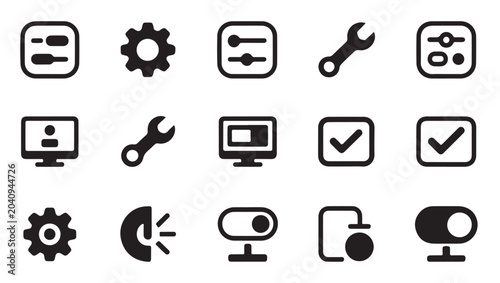Foto Settings icons gear wrench computer monitor and checkmark symbols