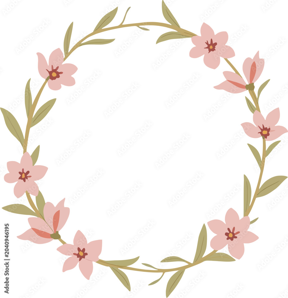 Fototapeta premium Floral wreath with pink flowers and olive-green leaves forming circular frame