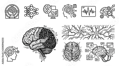 Foto Detailed collection of brain and neural network illustrations.
