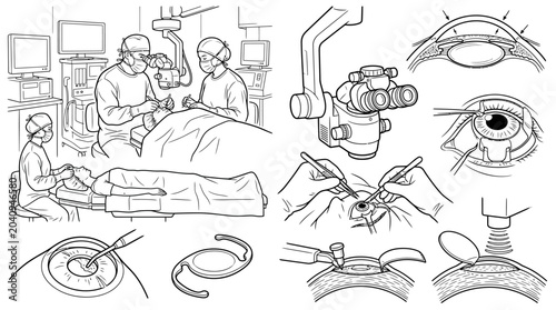 Obraz na płótnie Detailed illustration of cataract surgery procedure and medical instruments