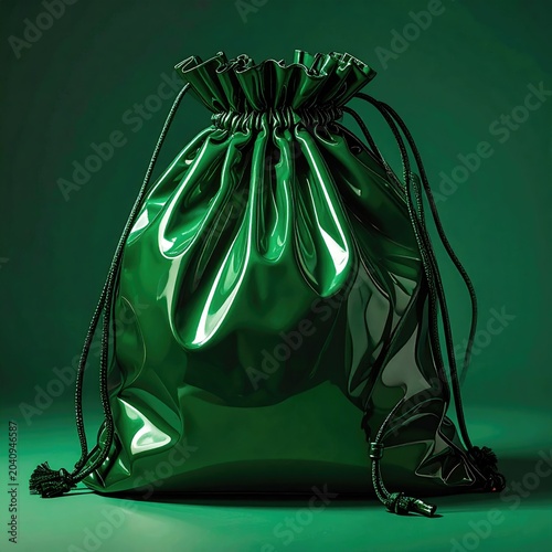 A glossy, emerald drawstring bag with tassels against a deep green backdrop
