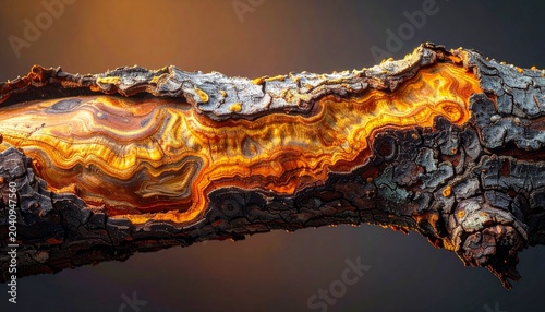 Close-up of a volcanic lava flow at night with glowing molten rock.