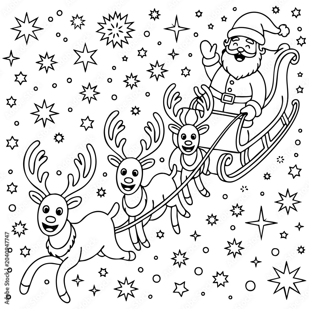 Fototapeta premium Festive Christmas Coloring Page Featuring Santa Sleigh Flying With Four Reindeer Isolated on a Transparent or White Background