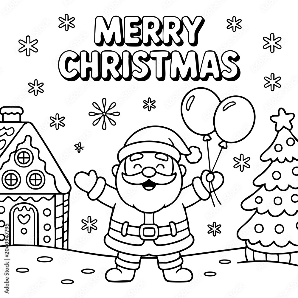 Fototapeta premium Festive Christmas Coloring Page Featuring Santa Holding Balloons With Gingerbread House Isolated on a Transparent or White Background