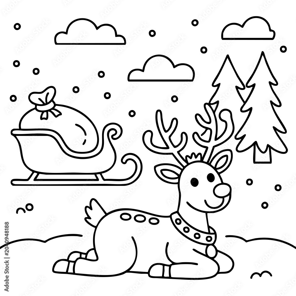 Fototapeta premium Festive Holiday Coloring Book Illustration Featuring Reindeer Santa Sleigh and Trees Isolated on a Transparent or White Background