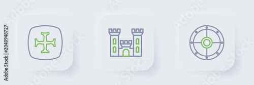 Tableau sur toile Set line Round shield, Castle and Crusade icon. Vector