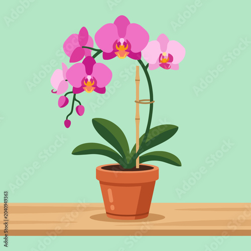 A vibrant pink orchid plant sits inside a simple clay pot