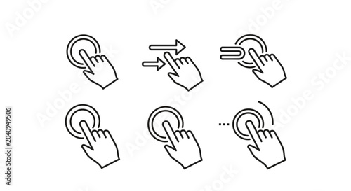 A set of icons depicting hand interactions with a digital interface on a white background.