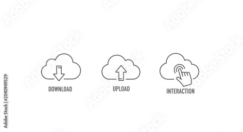 Cloud icons show upload download interaction on white background