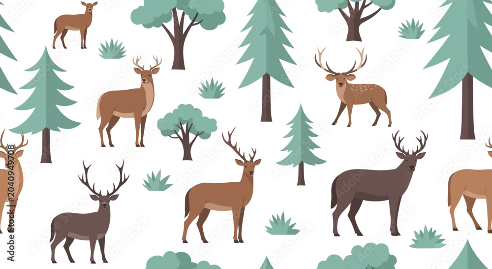 Fototapeta premium Deer and Trees Seamless Pattern: Forest Wildlife, Woodland Creatures, Nature