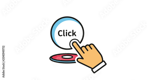 A hand clicks on a button with a red base and white circle on white background.