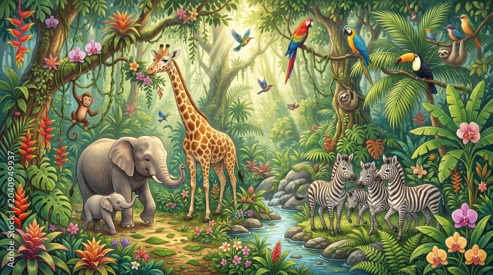 Fototapeta premium Vibrant jungle illustration featuring friendly safari animals like elephants, a giraffe, and zebras by a flowing stream under warm, magical canopy lighting, ideal for nursery decor.