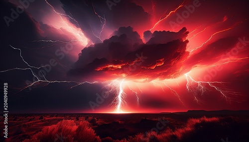 awesome thunderbolt in dark night sky a stunning red sky lightning storm generative ai