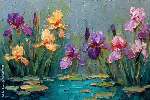 Impressionist Iris Flowers by Pond Oil Painting with Reflections Textured Floral Wall Art