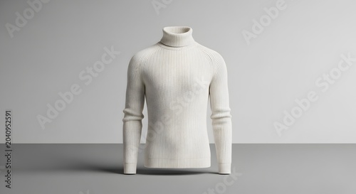 Elegant white knitted turtleneck dress on mannequin a minimalist fashion studio shot with soft lighting