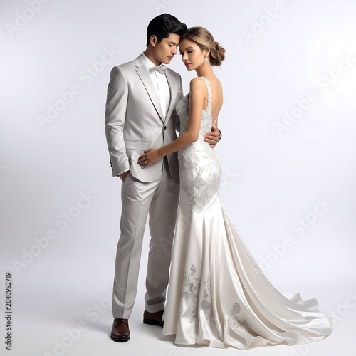 Couple in formal attire embracing lovingly outdoors.