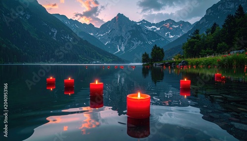 Red candles float on a serene mountain lake at dusk, reflecting the twilight sky