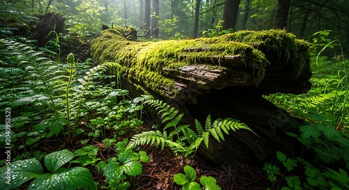 Sunlit forest floor, mossy fallen log entwined with lush ferns and greenery