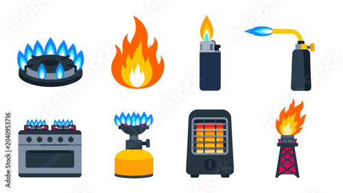 Bild auf Leinwand Set of gas flame burner lighter heater and torch vector icons