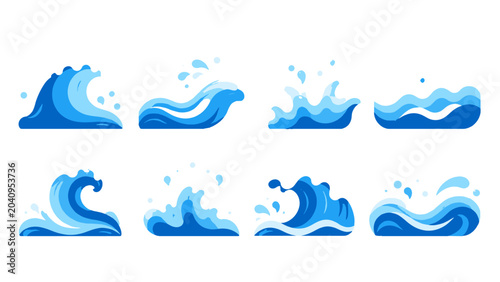Foto Set of blue ocean wave splash elements in flat vector style