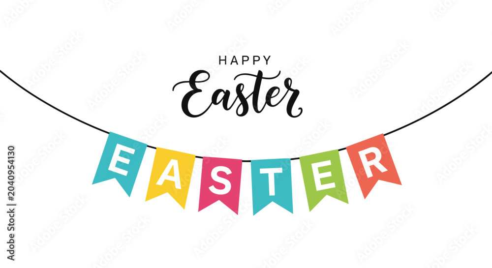 Fototapeta premium Festive Happy Easter banner featuring colorful triangular flags with white letters hanging on a string against a clean white background.