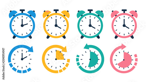 Photos Set of colorful alarm clock and timer icons in flat vector style