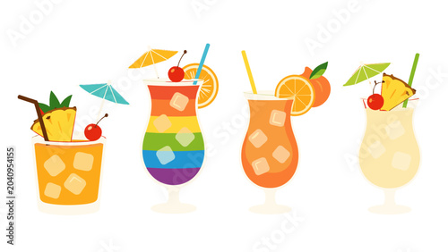 Tableau sur toile Set of colorful tropical cocktail glasses with fruit garnishes