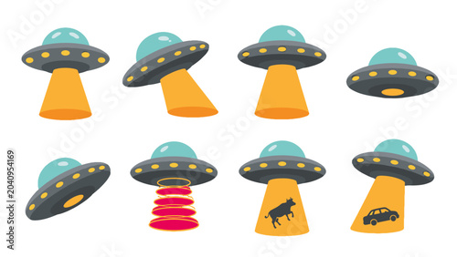 Canvastavla Cartoon flying saucer set with beams and abduction icons