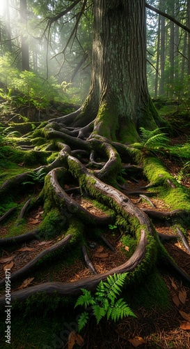 Sunlit forest floor with ancient tree roots, mossy growth, and ferns