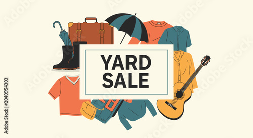 Yard sale advertisement poster featuring a white frame with bold text surrounded by various household items like clothes, a guitar, and luggage.