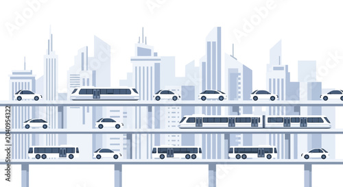 Tableau sur toile Modern City Transportation: Elevated Trains, Cars, and Buses on Skyways