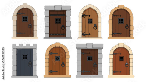 Set of medieval wooden doors with stone arch frames