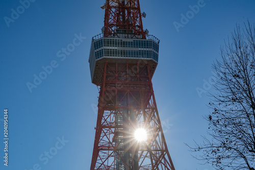 東京の電波塔に朝日が差す