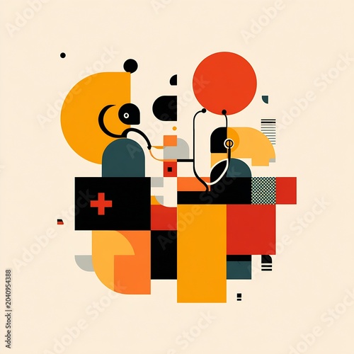Abstract medical illustration with stylized stethoscope, first aid kit and geometric shapes in orange, red and teal