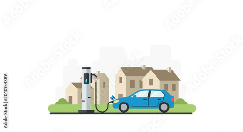 Fotografie Blue electric car charging at a station in a residential neighborhood