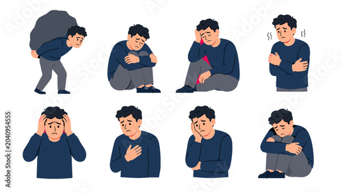 Quadro em tela Sad man in different worried and distressed poses set