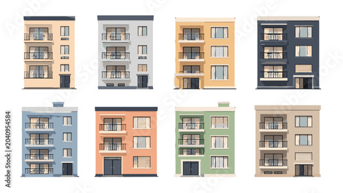 Tableau sur toile Set of colorful apartment building facades in flat vector style