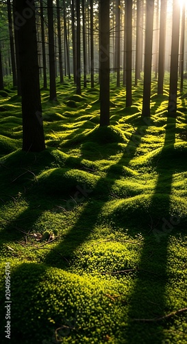 Sunlit forest floor with dappled shadows on mossy mounds, tall trees overhead