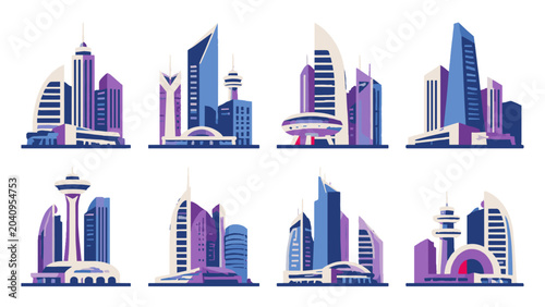 Canvas Print Set of futuristic city skyline icons in purple and blue