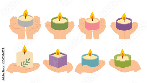 Photos Set of hands holding lit candles in colorful vector icons