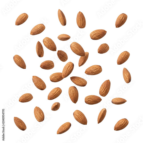 Delicious raw almonds scattered on a transparent background