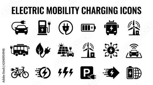 Photos Electric Mobility Charging Icons Set: Cars, Buses, Wind Turbines, Solar Panels,