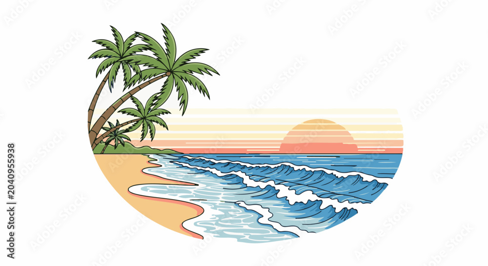 Fototapeta premium Tropical beach scene at sunset with palm trees, rolling waves, and a warm sky