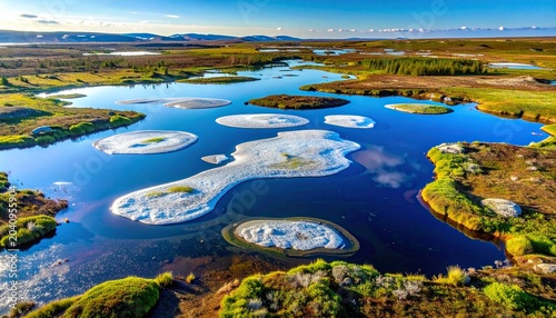 Aerial view of colorful salt evaporation ponds in coastal wetland.