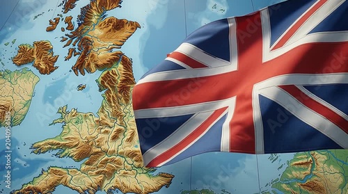 UK flag over map of the United Kingdom — symbol of imperial legacy, constitutional monarchy, and European history