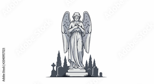 A monochromatic stone angel statue stands solemnly in a graveyard