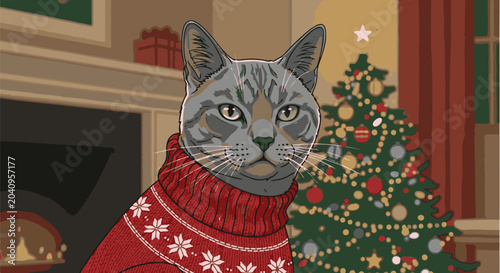 Festive tabby cat in a red snowflake sweater poses near a decorated Christmas tree