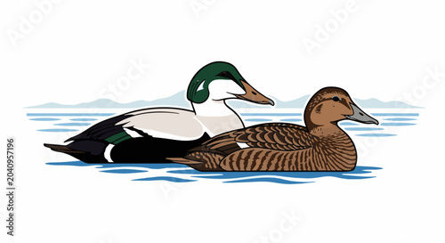 Two ducks floating peacefully on blue water with mountains in the distance