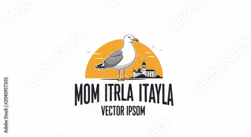 A cartoon seagull stands before a sun and a building