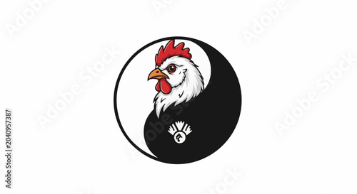 A white chicken head emerges from a black and white yin yang symbol